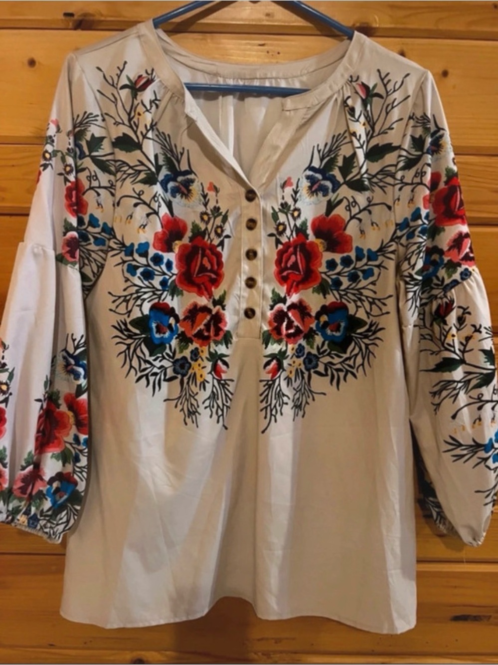 Embroidered Floral Peasant Top - Cream with Red & Blue Floral